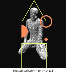 Man studying in many subject such as art and science. Artificial intelligence concept. Digital technology background. Voxel art. 3D vector illustration.