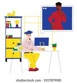 Man studying on laptop and chatting with teacher via online video chat. Online Education, distance learning concept. Character sitting behind desk taking online classes. Cartoon Vector illustration.