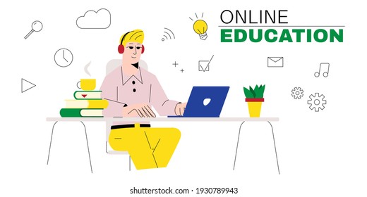 Man studying on laptop. Online Education, Virtual graduation, distance learning concept Character sitting behind desk taking online classes via computer. Cartoon Vector illustration.