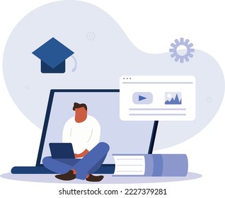 man is studying on laptop. self education concept .vector illustration.