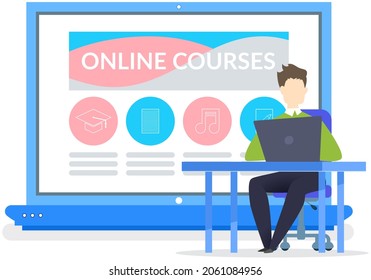 Man studying with online courses, e-learning, looking for lesson. Student studying online with distance learning. Guy with laptop uses application, program for learning courses via Internet