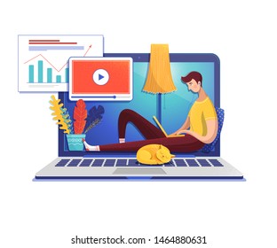 Man studying online flat vector illustration. Student cartoon character watching data analysis video lesson. School, university Internet class. E learning, self education. Guy and cat on laptop