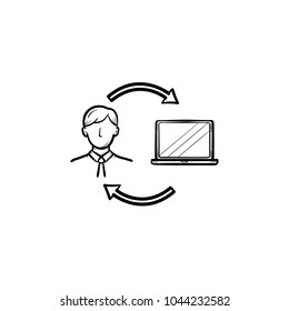 Man studying online on a computer hand drawn outline doodle icon. Student with laptop computer vector sketch illustration for print, web, mobile and infographics isolated on white background.