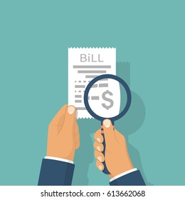 Man is studying paying bill. Hold in hand receipt, magnifying glass. Payment of utility, bank, restaurant. Concept business finance. Vector illustration flat design. Report finance, invoice, expenses.
