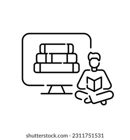 Man studying reading a book sitting with legs crossed. Learning from home using digital library. Simple icon