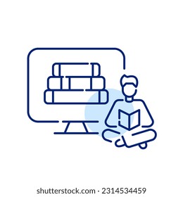Man studying reading a book sitting with legs crossed. Learning from home using digital library. Pixel perfect icon
