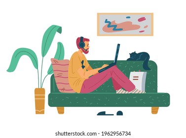 Man studying remotely sitting on couch in his home, flat vector illustration isolated on white background. Online education and elearning, remote work and freelance.