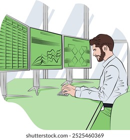 A man is studying the reports to identify and understand problems in the decision-making process. Business concept. Outline vector illustration.