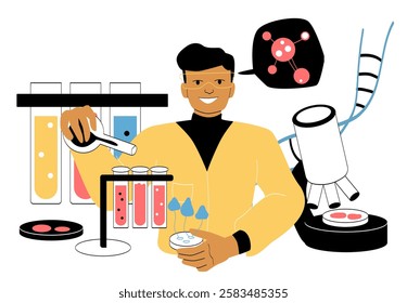 Man studying soil. Young guy conducts scientific research in laboratory. Scientist with test tubes with substances. Research of viruses and bacteria. Linear vector illustration