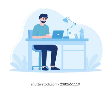 A man studying at a study table trending concept flat illustration