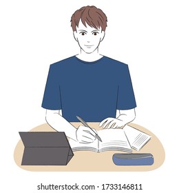Man studying while looking at a tablet
