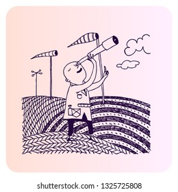 A man is studying the wind. The concept of a business course. Vector vintage illustration.