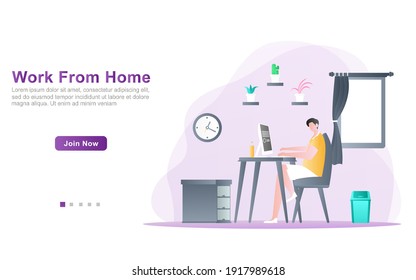 a man studying and working at home online using a computer with ease and pleasure because in pandemic era. flat illustration concept for landing page, web, print media