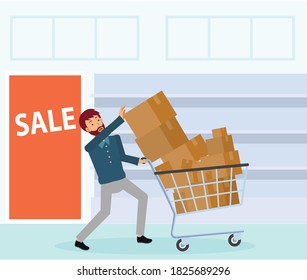 A man with a lot of stuff in shopping cart. A man buying too much stuff at sale and trying to take all of it. Black Friday Sale.