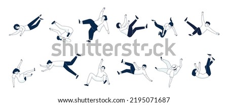 Man stumbles and falls, falling senior and adults, different flat people. Men and women in weightlessness, flying isolated recent vector characters