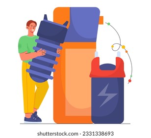 Man with stun guns pack concept. Young guy with equipment for selfdefense against criminals and agression, violence. Electrical weapon, electroshock. Cartoon flat vector illustration
