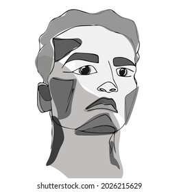 A man in the style of abstraction, cubism, minimalistic face. The head of a man in shades of gray, with bright accents. Design for barbershops, logo, sticker, men's care products. Vector