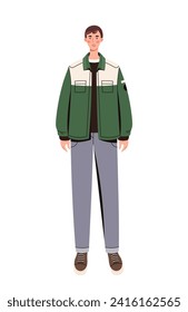 Hombre con un concepto de ropa elegante. Joven con chaqueta verde. Moda, tendencia y estilo. Estética y elegancia. Plantilla y diseño. Dibujo vectorial plano de dibujos animados aislado en fondo blanco