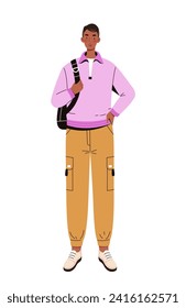 Hombre con un concepto de ropa elegante. Chico joven con chaqueta rosa. Moda, tendencia y estilo. Estética y elegancia. Plantilla y diseño. Dibujo vectorial plano de dibujos animados aislado en fondo blanco