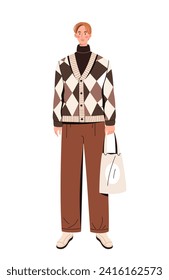 Mann in stilvollen Kleidung Konzept. Junge Junge im Pullover. Mode, Trend und Stil. Ästhetik und Eleganz. Poster oder Banner. Cartoon-FlachVektorgrafik einzeln auf weißem Hintergrund