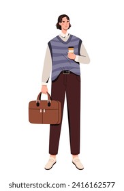 Man in stylish clothes concept. Young guy with leather brown case. Fashion, trend and style. Aesthetics and elegance. Cartoon flat vector illustration isolated on white background