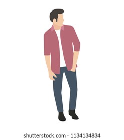 
A man in stylish dressing with rolled up sleeves watching away, gesturing dashing guy icon
