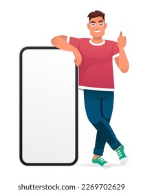 Man in stylish glasses stands leaning on a huge smartphone and gives a thumbs-up sign of approval. Advertising of a mobile application or services, promotion of an application or website