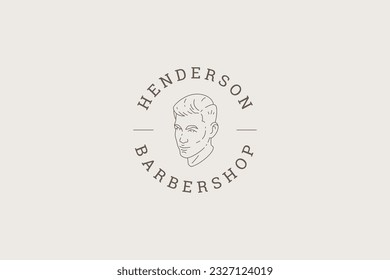 Man stylish hairdo portrait barbershop circle minimal line logo design template grooming service vector illustration. Male barber shop gentleman hairstyle hairdressing beauty salon monochrome emblem