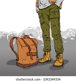 A man in stylish shoes, pants and with a backpack. Walk, trek or travel. Hipster. Clothes and accessories. Vector illustration.