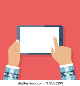 Man in stylish suit holding tablet in hands. Flat design, vector. Modern technologies. Blank touchscreen. Using. Reader. Finger touches screen. Banner web, mobile app. Icon tablet in hands isolated