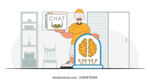 Man stylishly holding a vector AI brain illustration.