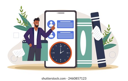 A man with stylized mobile interface elements and office supplies on a light background, vector illustration concept of organization