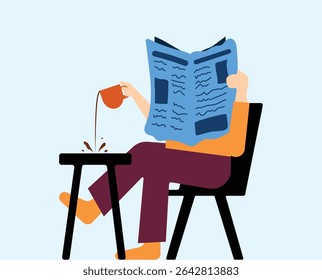 Man subconsciously spilling coffee while reading newspaper illustration