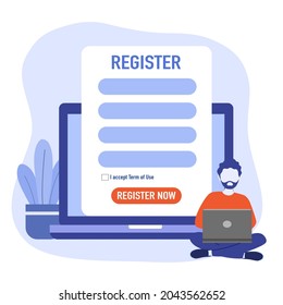 Man submitting online registration form on laptop computer in flat design.