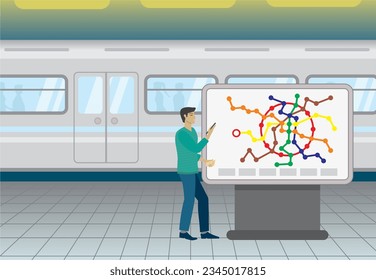 Man at subway sign for guiance. Mobile in his hand. Dimension 16:9. Vector illustration.