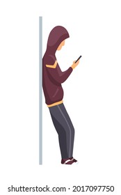 Man in subway underground train car. Public transport, urban underground tube mass transit with standing passenger. Concept design