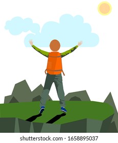 A man success climbing on the hill with sky and sunrise the feeling.