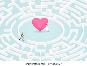 Man success to finding girlfriend in circular maze, labyrinth of heart. Vector illustration for love, relationship, 
valentine's day concept. 