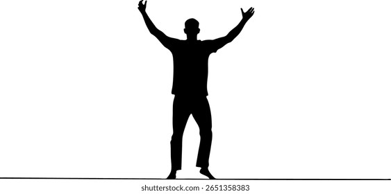 Um homem se equilibra com sucesso em uma linha de preguiça, braços levantados na vitória.