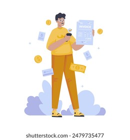 A man successfully made an invoice payment, Transaction success, Digital payment concept, Vector illustration