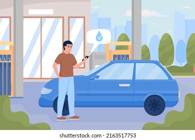 Man successfully refueling car at gas station flat color vector illustration. Gasoline fuel for customers. Fully editable 2D simple cartoon characters with modern cityscape on background