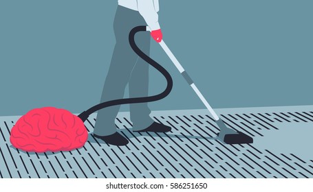 Man sucks the text using brain as a vacuum cleaner. Information addiction concept illustration. EPS10 file. Transparency used.