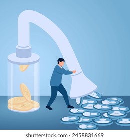 A man sucks user icons and turns them into coins in a bottle, illustration for conversion optimization rate.