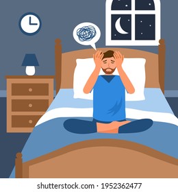 Man suffer from insomnia, sleeplessness sitting on bed in bedroom. Sleep disorder concept.