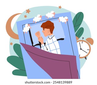 El hombre sufre de insomnio. El joven se acuesta en la cama y cuenta ovejas. Relajación y descanso. Problemas mentales y psicológicos. Ilustración vectorial plana aislada sobre fondo blanco