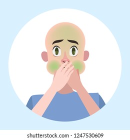 Man suffer from nausea. Symptom of disease, problem with health. Sickness and illness. Isolated flat vector illustration
