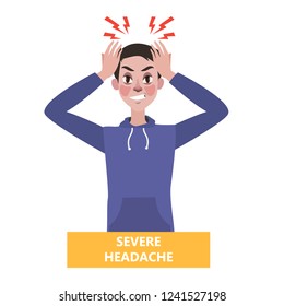 Man suffer from the pain in the head. Headache and stress from the illness. Migraine and bad mood. Isolated flat vector illustration