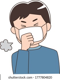 Man suffer from a persistent cough, wearing medical mask prevention coronavirus or covid-19 or another type of virus. Vector illustration.