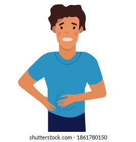 Hombre con hinchazón abdominal.Niño con agujeros de estómago o gastritis.Estreñimiento o diarrea.Digestión pobre o intoxicación intestinal.Vector de estilo plano