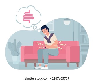 Man suffering from abdominal pain at home 2D vector isolated illustration. Unhealthy gut flat character on cartoon background. Colourful editable scene for mobile, website, presentation